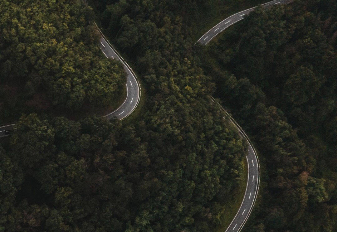 Luftaufnahme einer kurvigen Straße durch dichten Wald